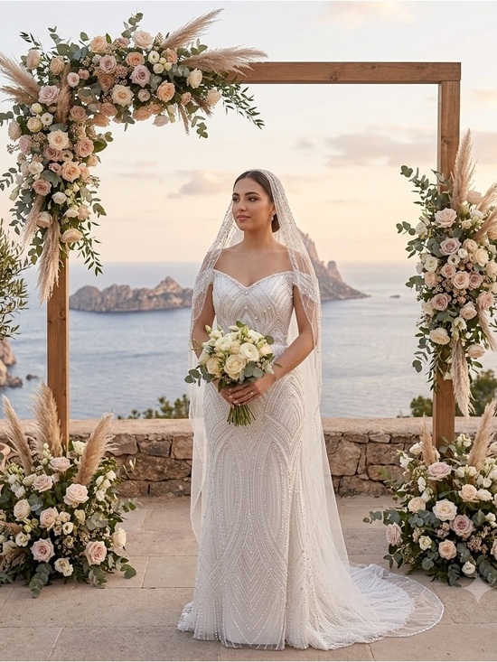 Unk Dresses & Skirts - Unk Ivory Beaded Modest Long Sleeve Wedding Dress with Veil
